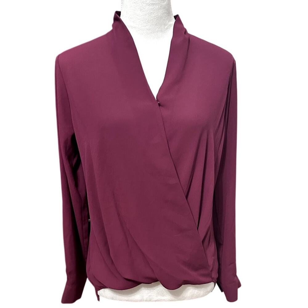 Pleione Womens Blouse Purple Crepe Long Sleeve V Neck Faux Wrap High Low XS New